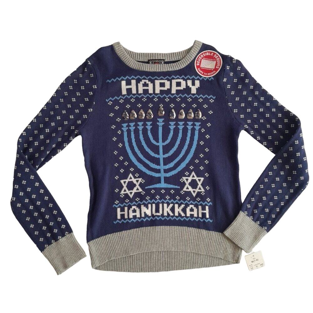 Kids Blue Cotton Hanukkah Sweater Size M 7-8 Sequins NWT Holiday Winter Cozy